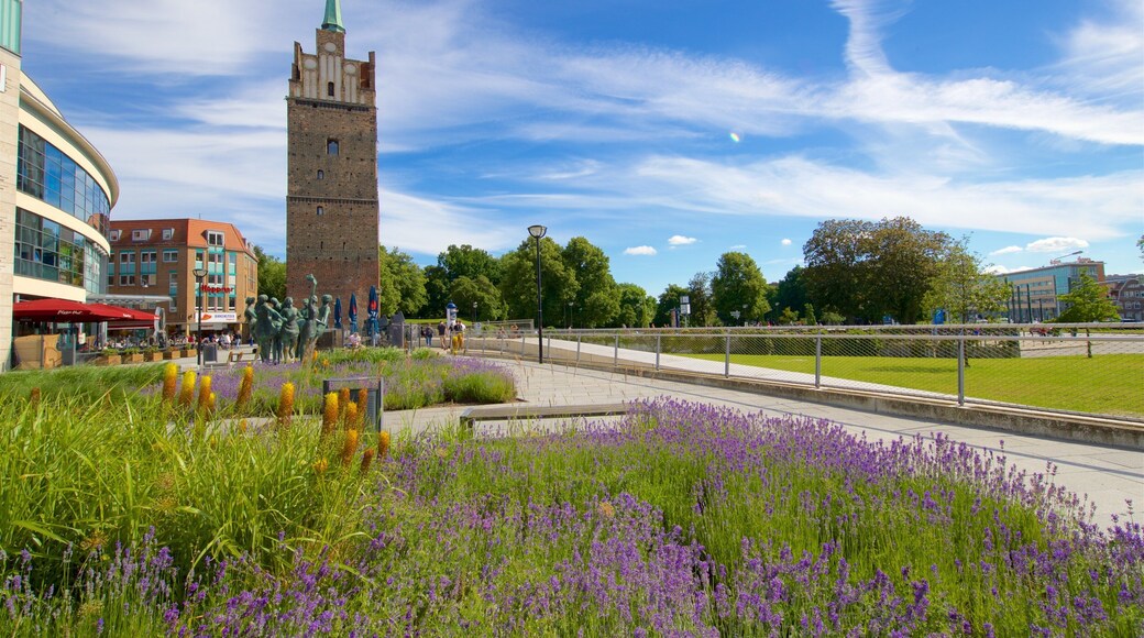Kröpeliner Tor showing wild flowers, a garden and heritage architecture