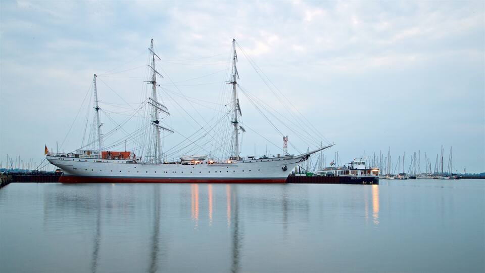Un'imponente nave a vela ormeggiata in una marina, con diverse barche più piccole sullo sfondo.