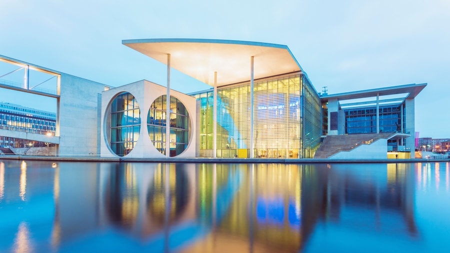 New buildings at the government quarter in Berlin at night, Germany