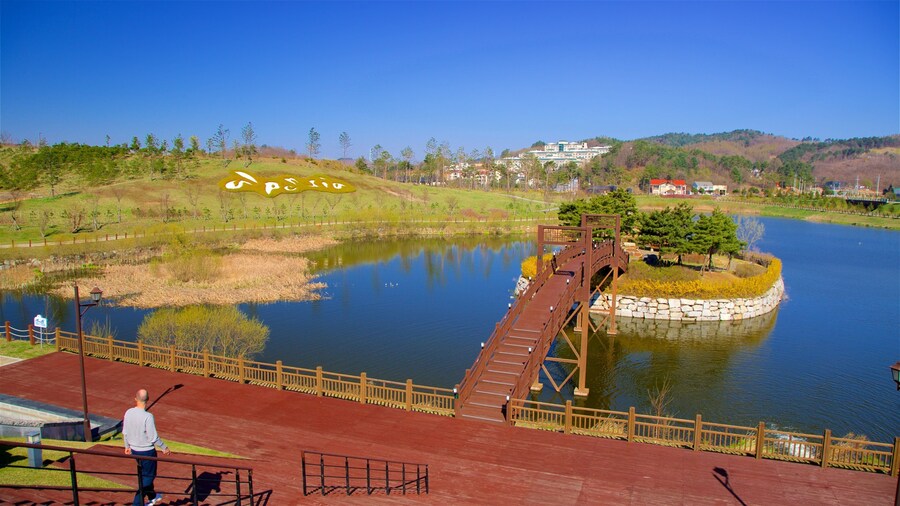 Alpensia Ski Resort featuring a park, a lake or waterhole and a bridge