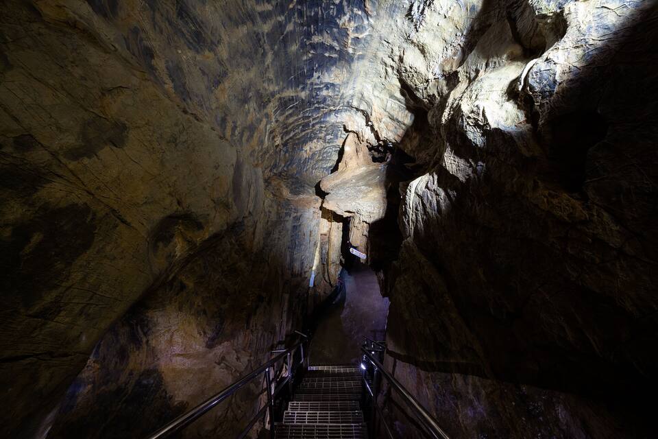 A narrow, dimly lit cave with a metal staircase leading upwards.
