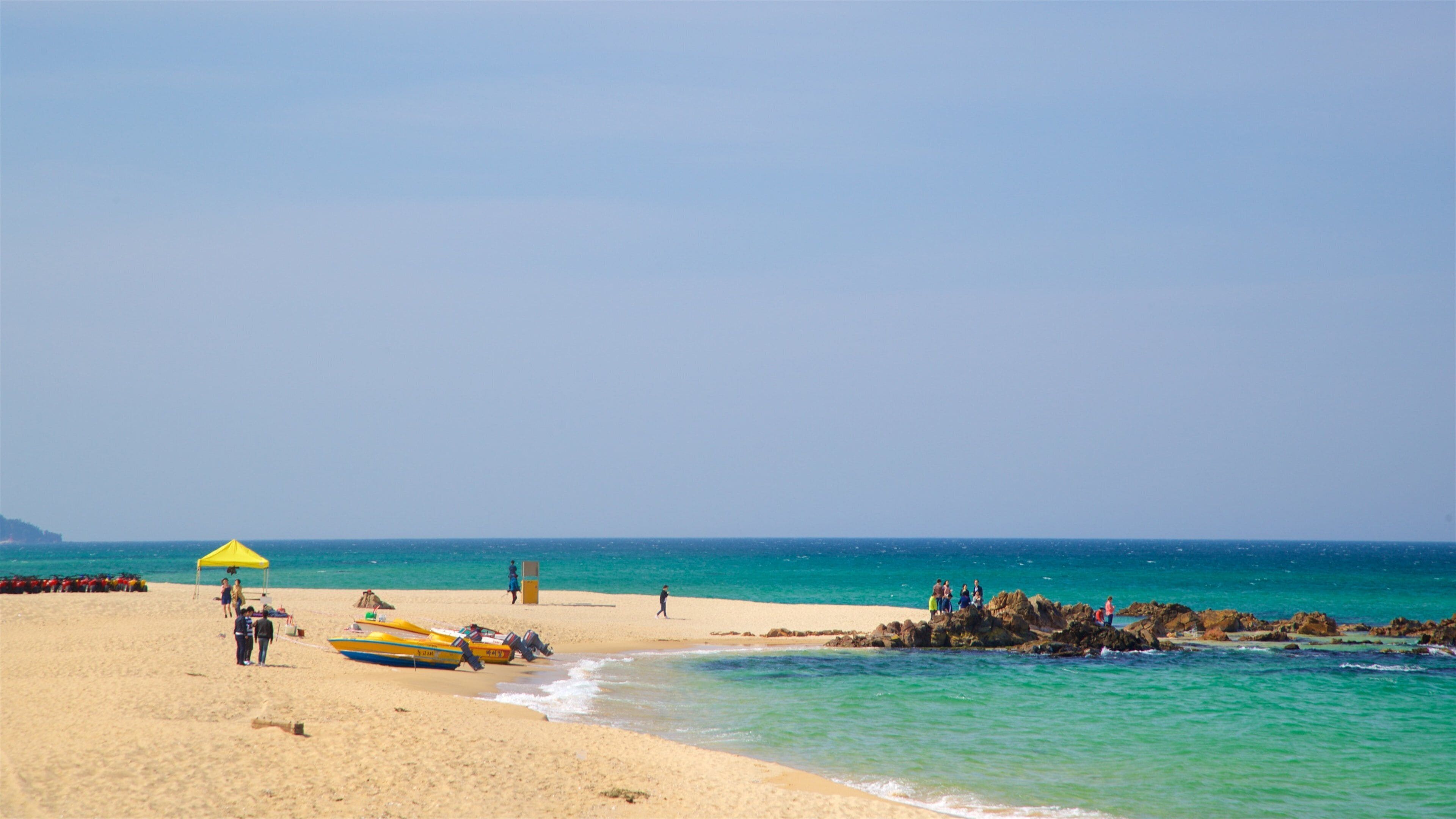 Plage de Jeongdongjin mettant en vedette vues littorales, plage et côte rocheuse