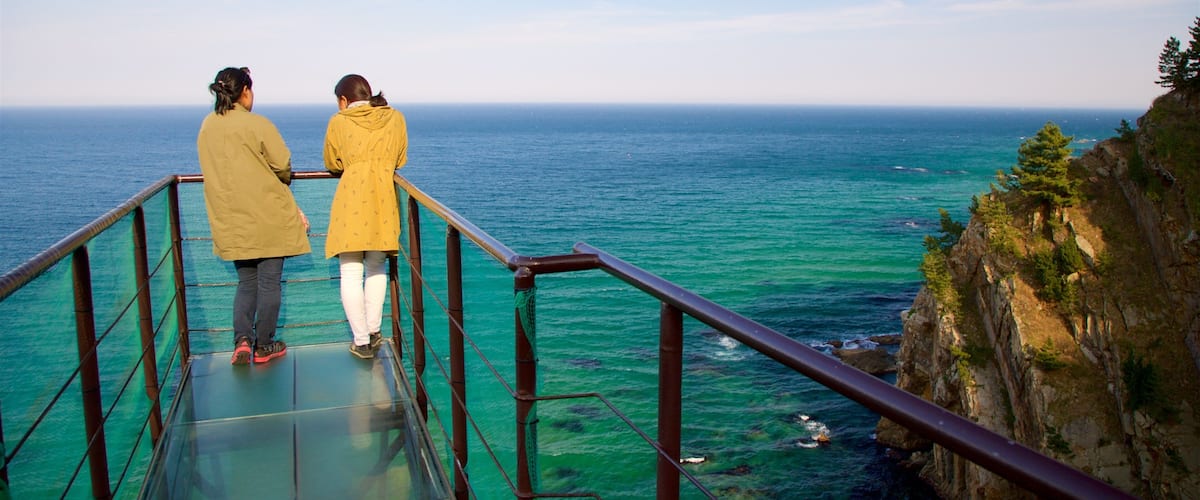 Two people on a glass bridge overlooking a turquoise sea.