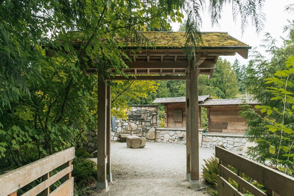 Una pérgola de madera con techo cubierto de musgo, rodeada de árboles verdes exuberantes y un muro de piedra.
