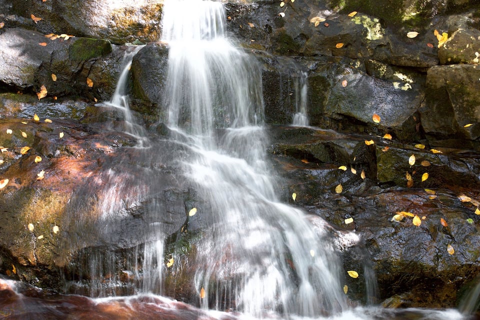 Uma cascata despencando sobre rochas, com folhas de outono espalhadas ao redor.