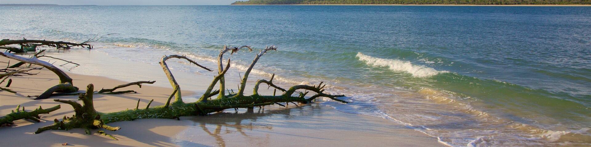 Inskip Point which includes general coastal views, a beach and a sunset