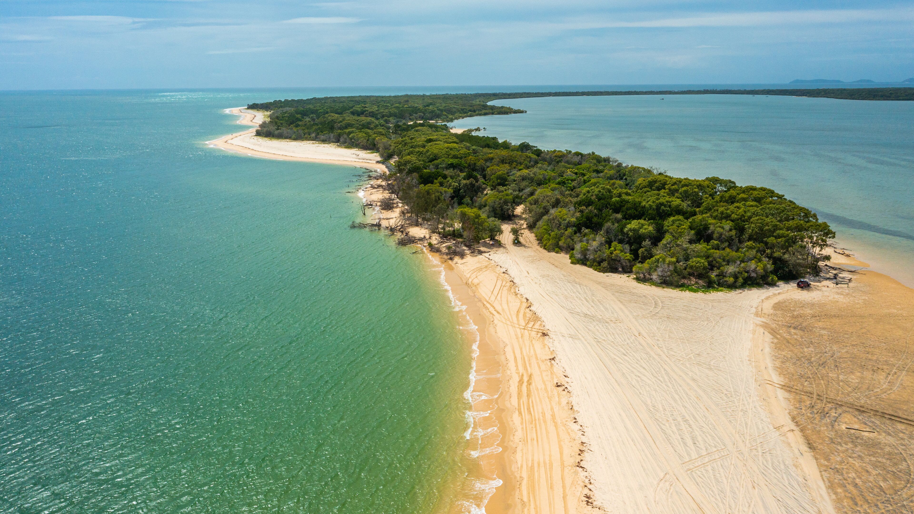 A coastal landscape with a sandy beach, a forested area, and a calm sea.
