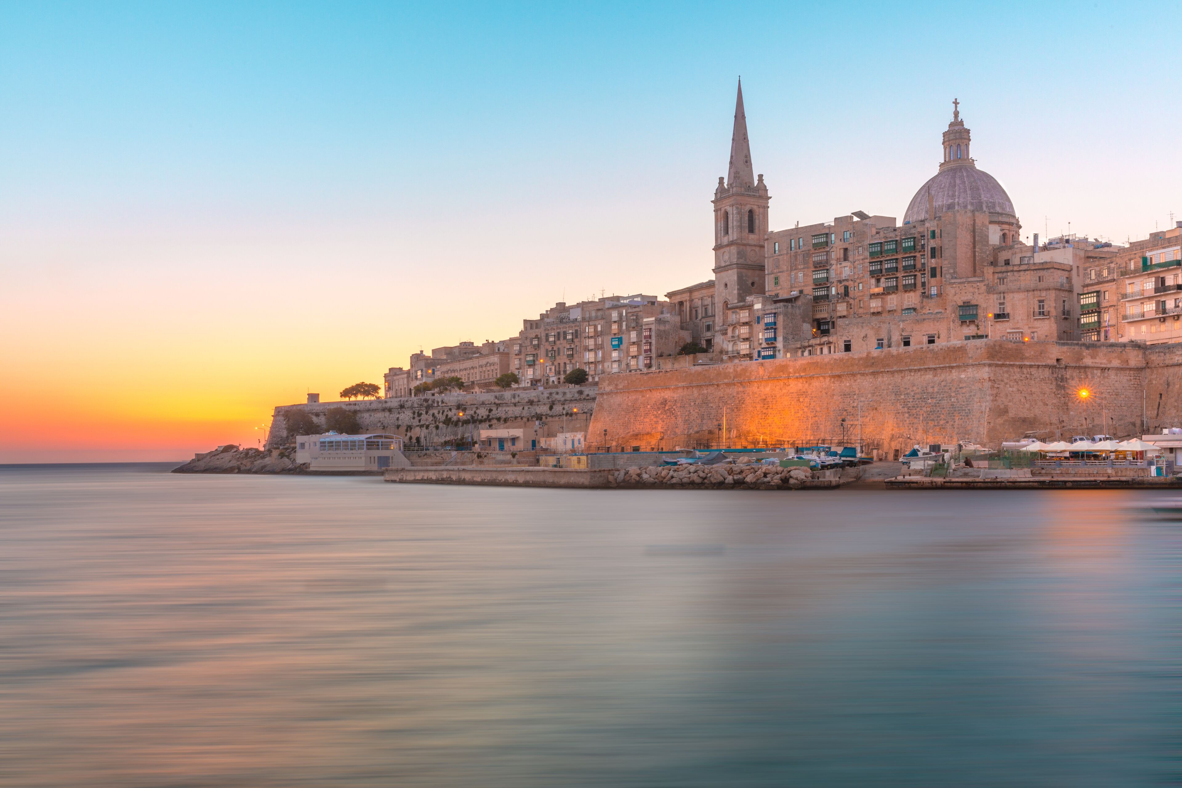 Valletta Skyline with churche of Our Lady of Mount Carmel and St. Paul's Anglican Pro-Cathedral, at dawn, Valletta, Capital city of Malta