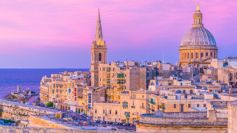 Sunset view of the carmelite church Our Lady of Mount Carmel in Valletta, Malta