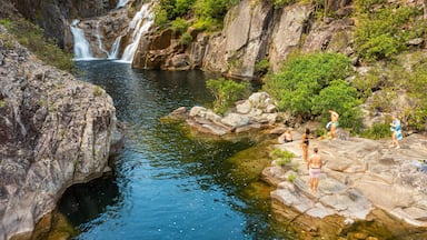 Ein Wasserfall stürzt in ein klares Becken, umgeben von felsigem Gelände und üppiger Vegetation.