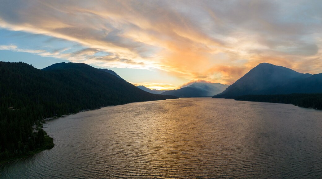 Sunset During Summer Forest Fires Smoke in the Air Landscape of Lake Wenatchee Washington USA
