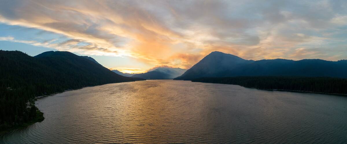 Sunset During Summer Forest Fires Smoke in the Air Landscape of Lake Wenatchee Washington USA