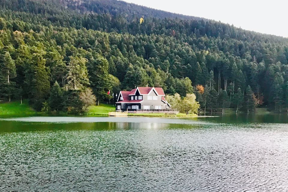 A house on a lakeside with a forested hill in the background.