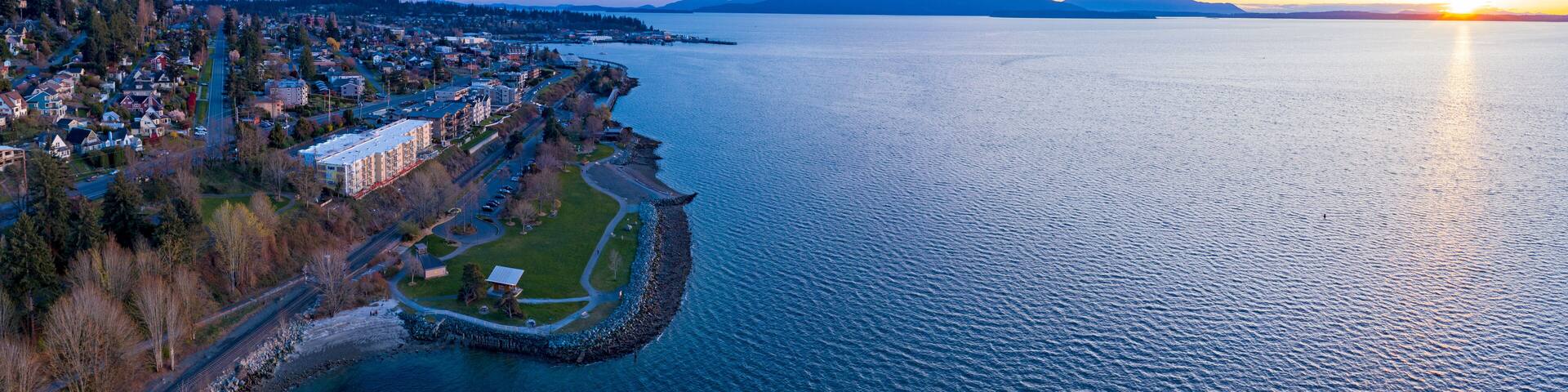 Panorama Aerial Overhead Landscape of Bellingham Washington Toward Fairhaven at Sunset