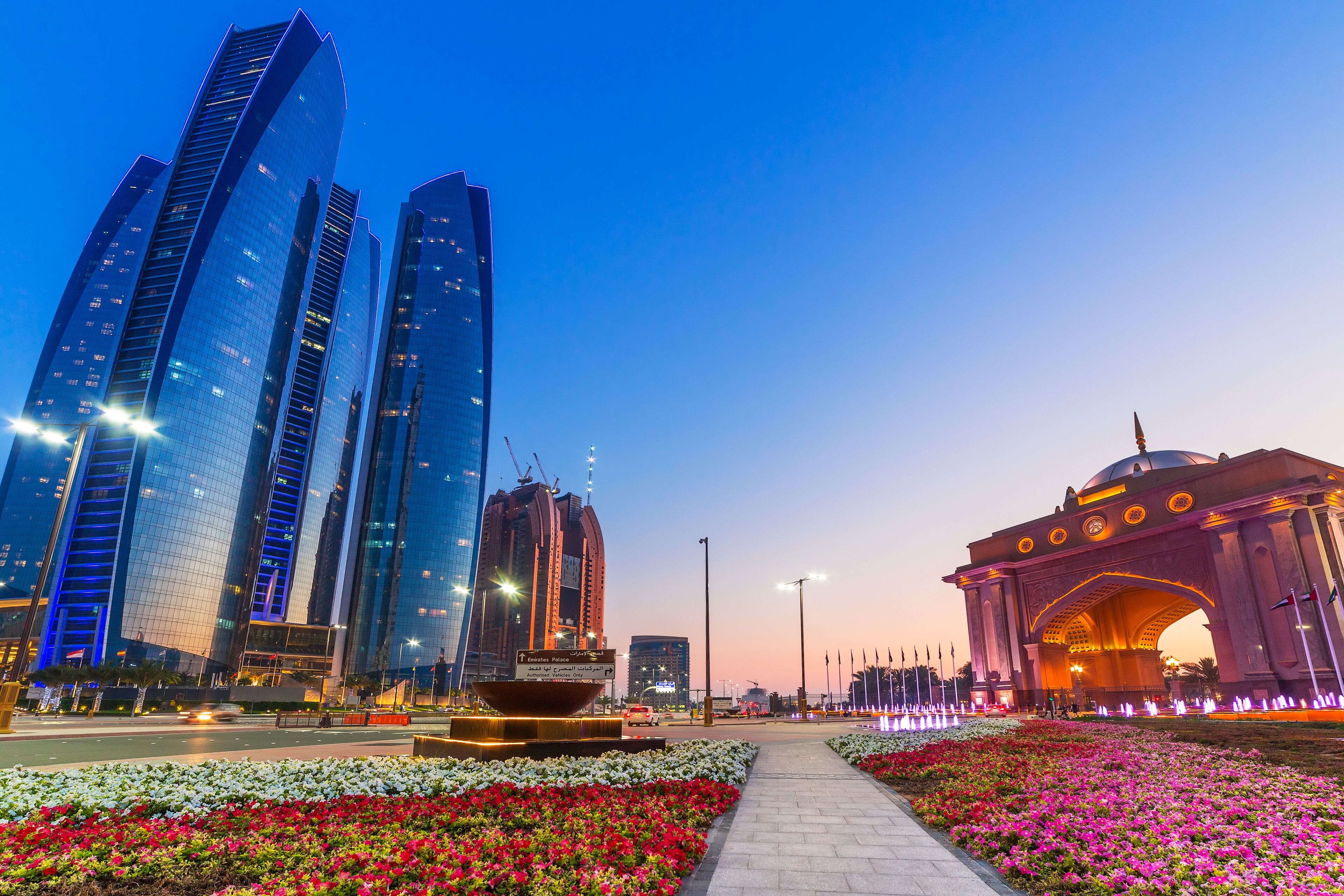 Streets of Abu Dhabi at dusk, capital of United Arab Emirates