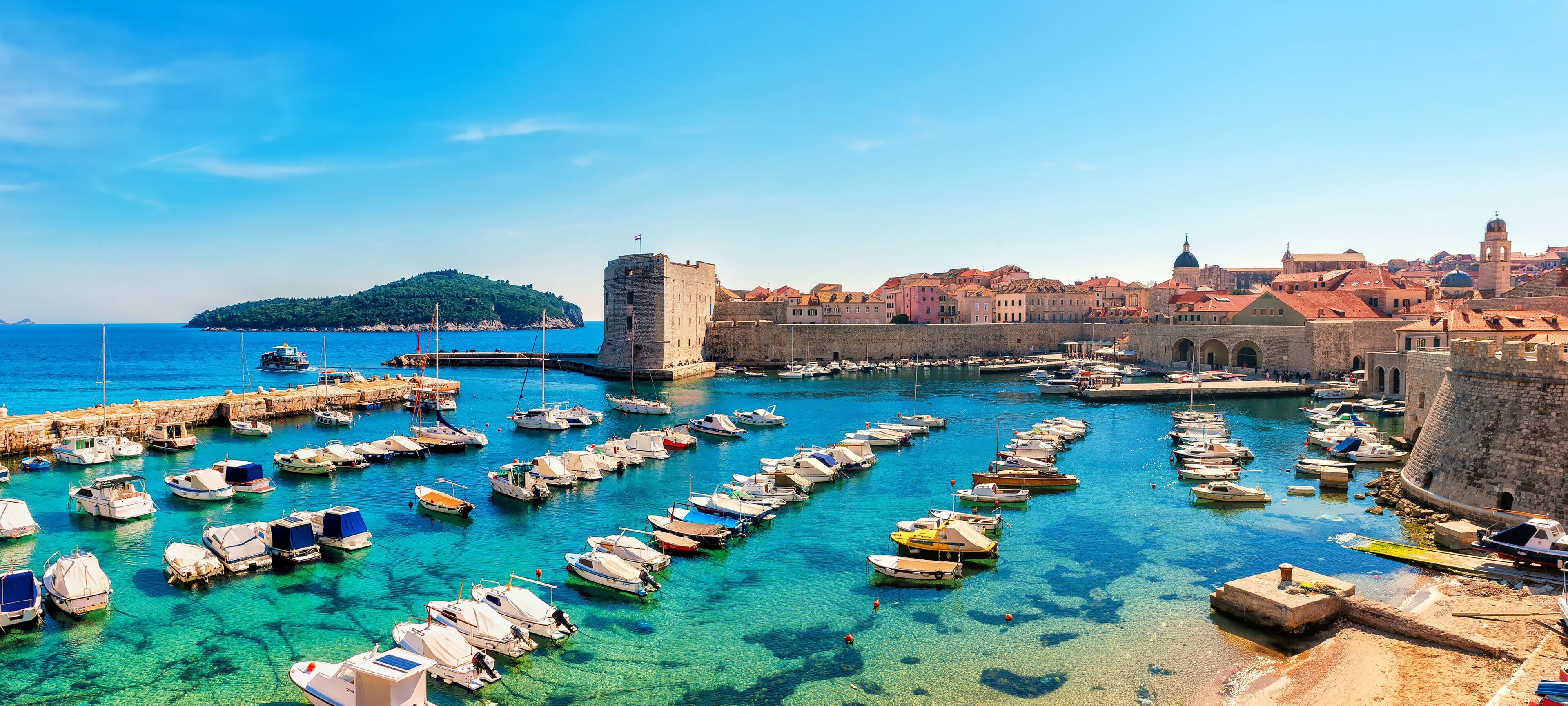 Beautiful sunny day over the bay in front of old town Dubrovnik