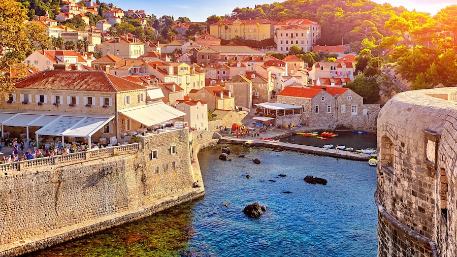 General view of Dubrovnik - Fortresses Lovrijenac and Bokar seen at sunset