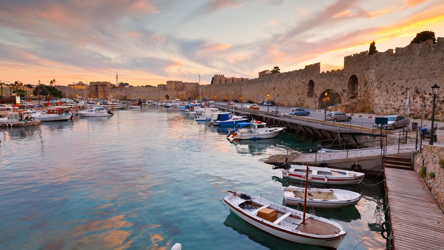 Old harbor and city walls of the medieval town of Rhodes.