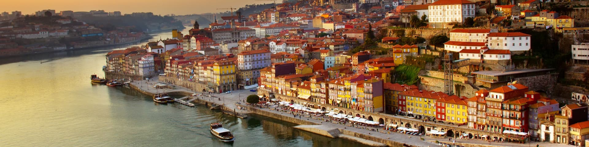 Hill with old town of Porto and river Douro at sunset, Portugal