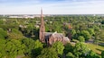 Aerial view of historic landmark Cathedral of the Incarnation in Garden City, Long Island, New York,