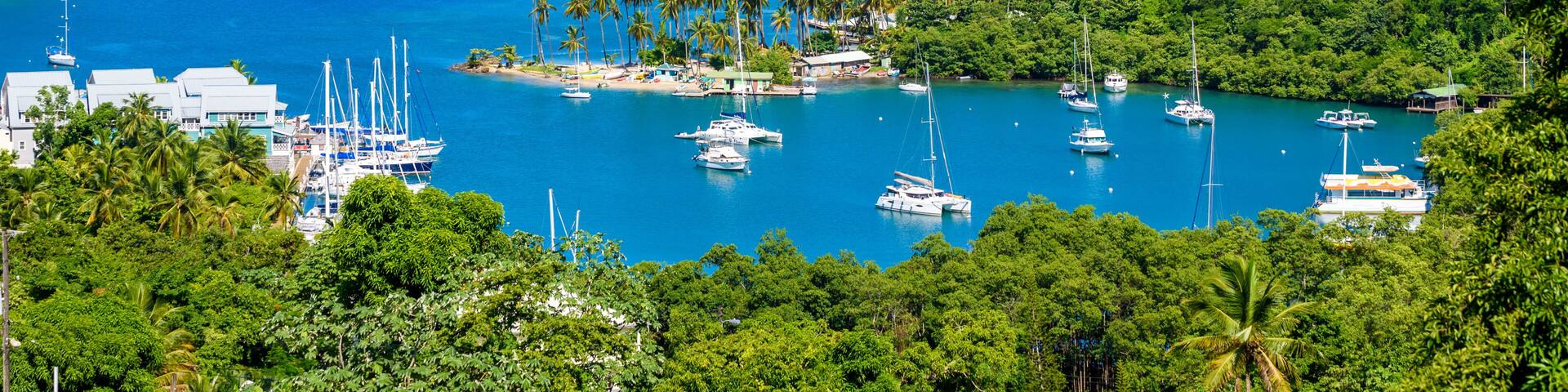 Marigot Bay, Saint Lucia, Caribbean. Tropical bay and beach in exotic and paradise landscape scenery. Marigot Bay is located on the west coast of the Caribbean island of St Lucia.