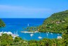 Marigot Bay, Saint Lucia, Caribbean. Tropical bay and beach in exotic and paradise landscape scenery. Marigot Bay is located on the west coast of the Caribbean island of St Lucia.