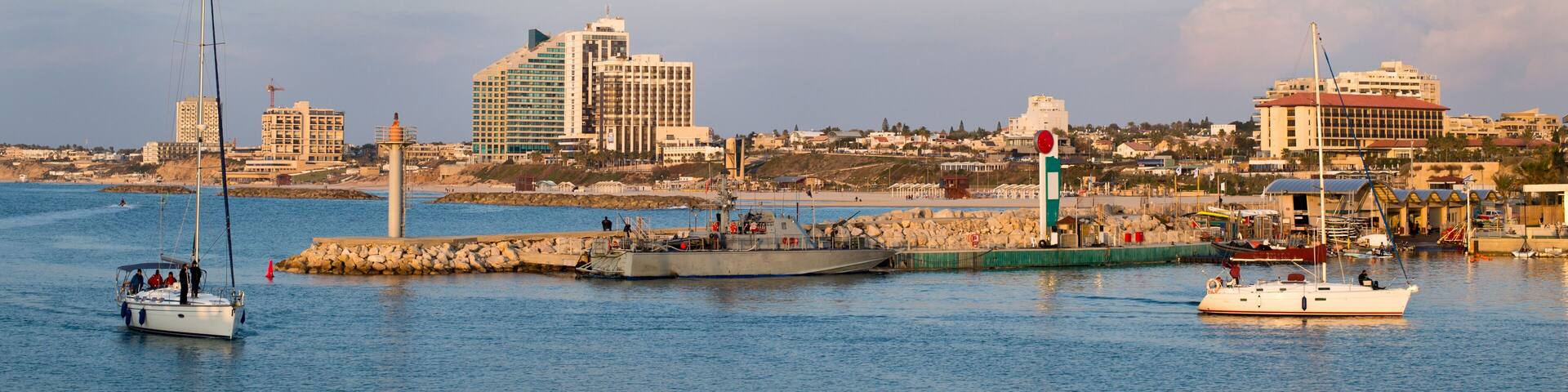 Panorama of Marina Herzliya israel at sun set.