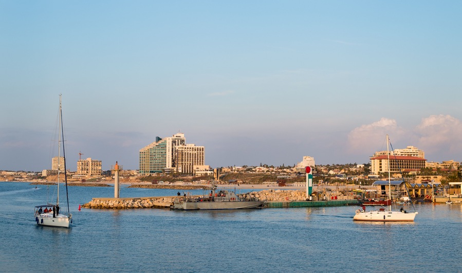Panorama of Marina Herzliya israel at sun set.
