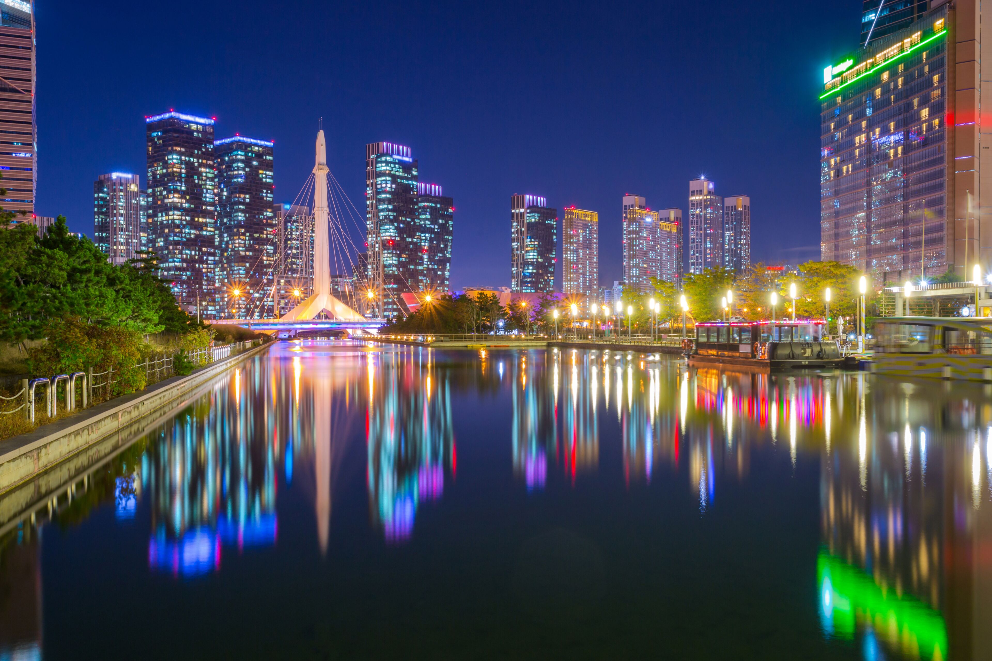 Songdo Central Park at night in Songdo District, Incheon South Korea.
