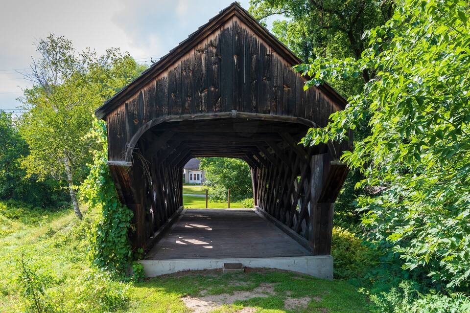 A wooden covered bridge surrounded by lush greenery.
