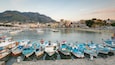 A harbor with numerous boats docked, a mountainous backdrop, and a coastal town with buildings.