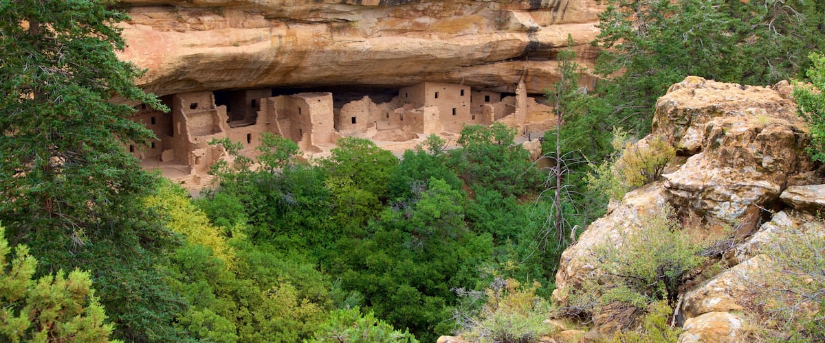Parque Nacional Mesa Verde que incluye un barranco o cañón, elementos del patrimonio y ruinas de edificios