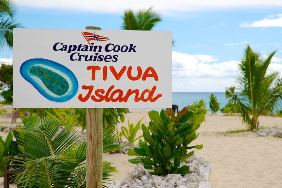 A sign for Captain Cook Cruises on Tivua Island.