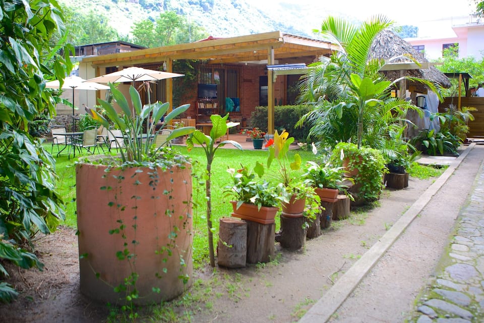 A garden with potted plants, a wooden pergola, and a stone pathway.
