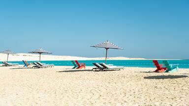 Dream paradise beach with umbrellas and chairs at the turquoise Mediterranean sea at El Alamein near Alexandria, Egypt