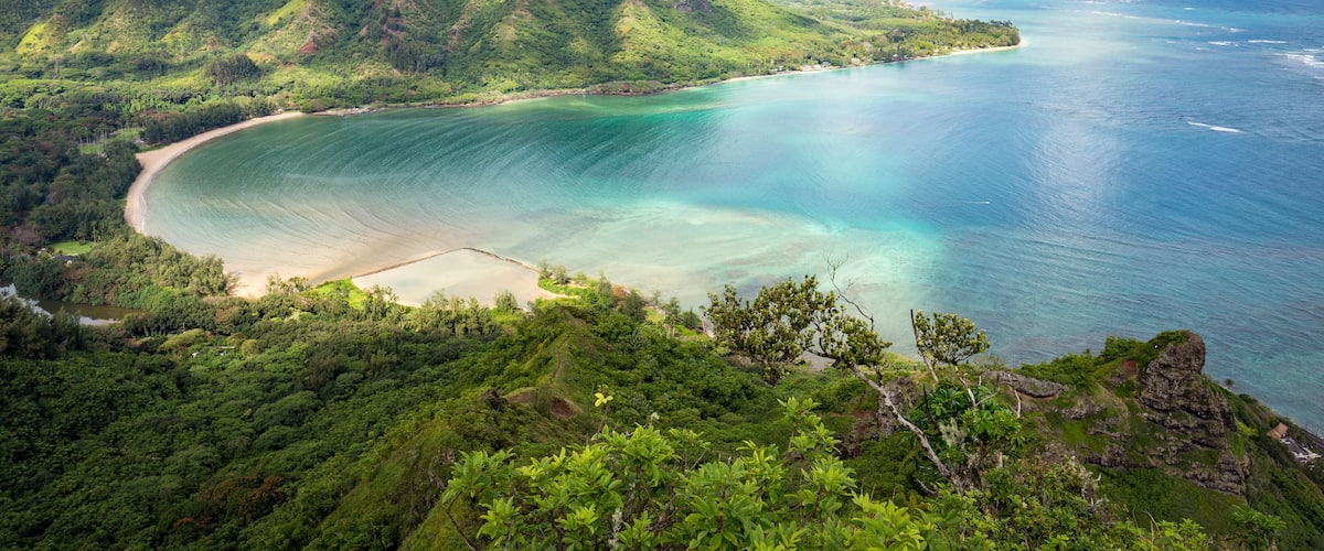 View of Kahana Bay from the dangerous Puu Manamana hike.
