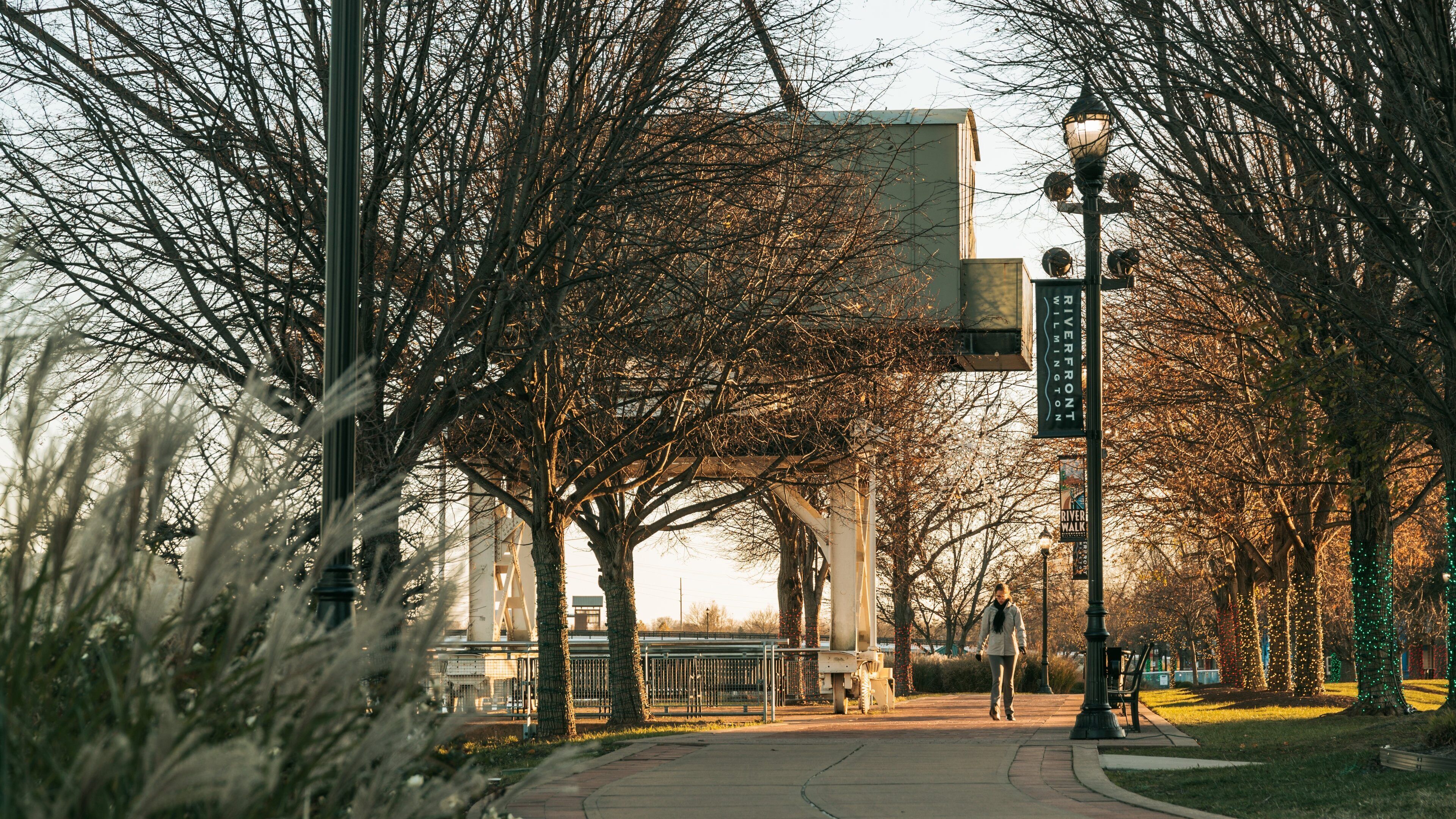 Wilmington Riverwalk showing a park as well as an individual femail