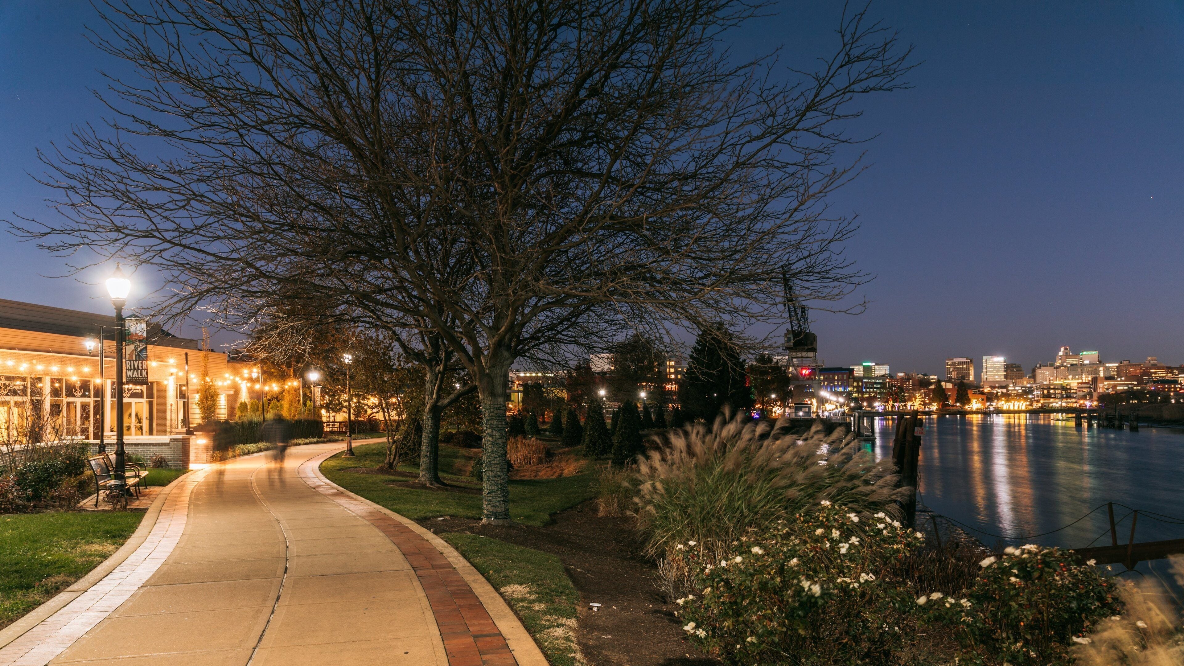 Wilmington Riverwalk which includes a park, night scenes and a river or creek