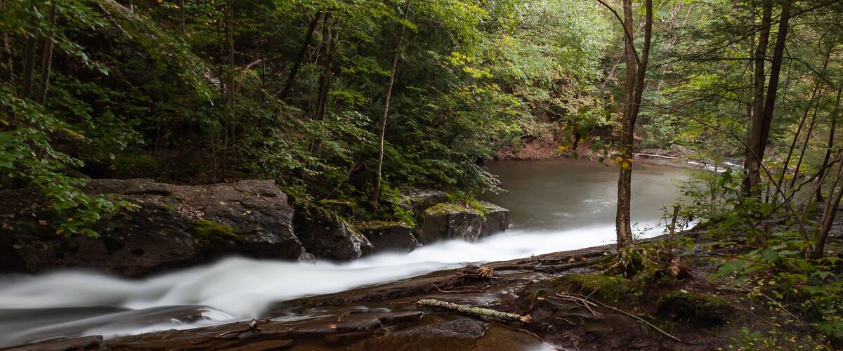 Late evening light reflects off a calm pool of water alongside a fast flowing stream at Seven Tubs Nature Area in Pennsylvania during Late Summer.