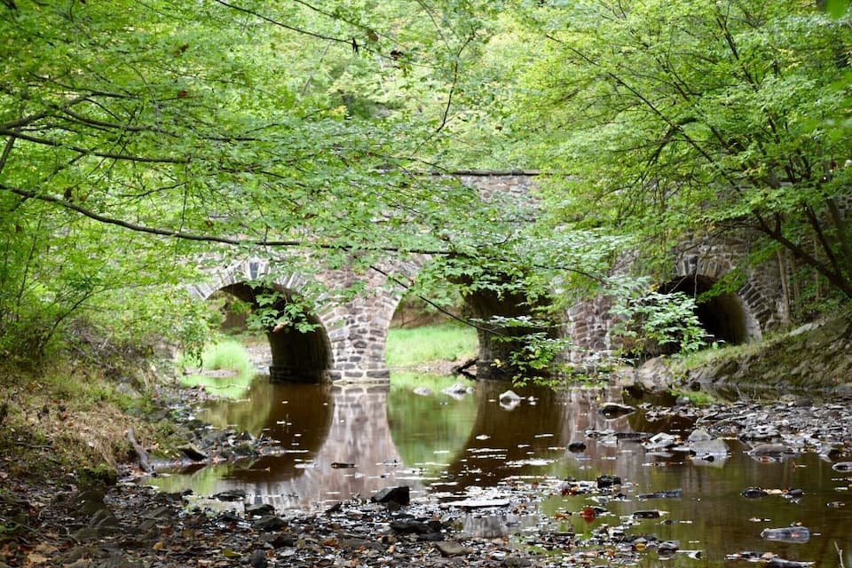 Een stenen brug over een kalme rivier, omgeven door weelderige begroeiing.