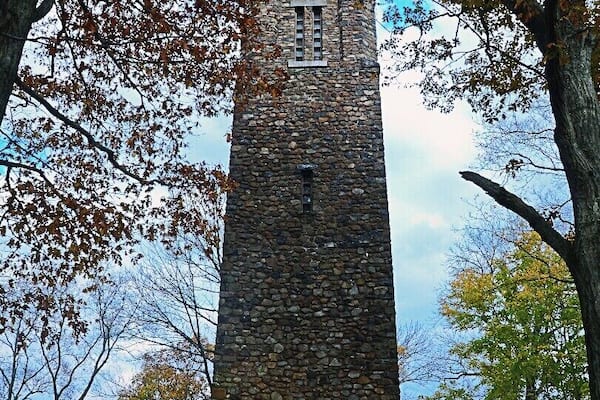 Begun in September of 1929, Bowman's Hill Tower was completed in June of 1931 as a commemorative monument to George Washington and his army.
Bowman's Hill Tower stands approximately 380 feet above sea level.
The Tower itself is 125 feet tall and the base measures 24 square feet.
On a clear day, the view from Bowman's Hill Tower encompasses a minimum 14 mile radius of the Delaware River Valley.
The two bridges you can see crossing the Delaware River are the New Hope-Lambertville bridge and the Route 202 bridge.
On a clear day, one can see to Trenton, New Jersey, and realize the magnitude and distance of the march Washington and his soldiers undertook in December of 1776.