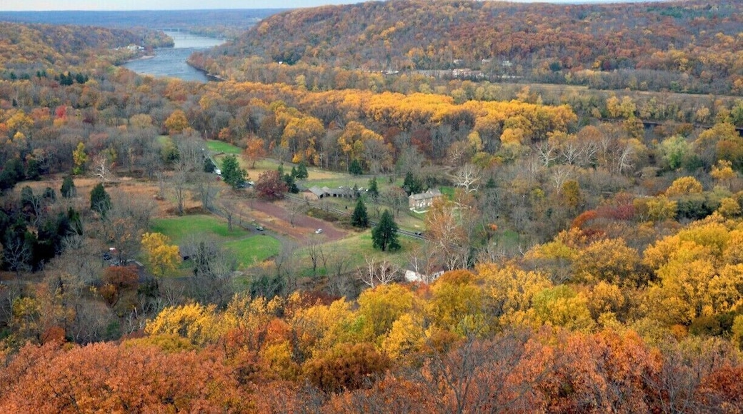 View North from top of Bowmen's Tower, Washington's Crossing, Pa
Bowman's Hill Tower, (1776-1930; also known as Bowman's Tower), is a 125-foot-tall (38 m) stone tower located in Washington Crossing Historic Park in Bucks County, Pennsylvania. It is administered by the Pennsylvania Historical Museum Commission. The tower was built on Bowman's Hill, which is on the dividing line between the Upper Makefield Township,and Solebury Township. There is a commemorative concrete inscription adorning the Tower above the entrance with its lifespan