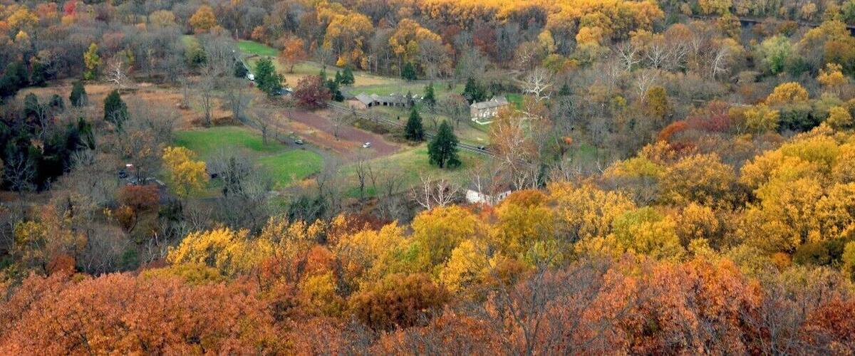 View North from top of Bowmen's Tower, Washington's Crossing, Pa
Bowman's Hill Tower, (1776-1930; also known as Bowman's Tower), is a 125-foot-tall (38 m) stone tower located in Washington Crossing Historic Park in Bucks County, Pennsylvania. It is administered by the Pennsylvania Historical Museum Commission. The tower was built on Bowman's Hill, which is on the dividing line between the Upper Makefield Township,and Solebury Township. There is a commemorative concrete inscription adorning the Tower above the entrance with its lifespan