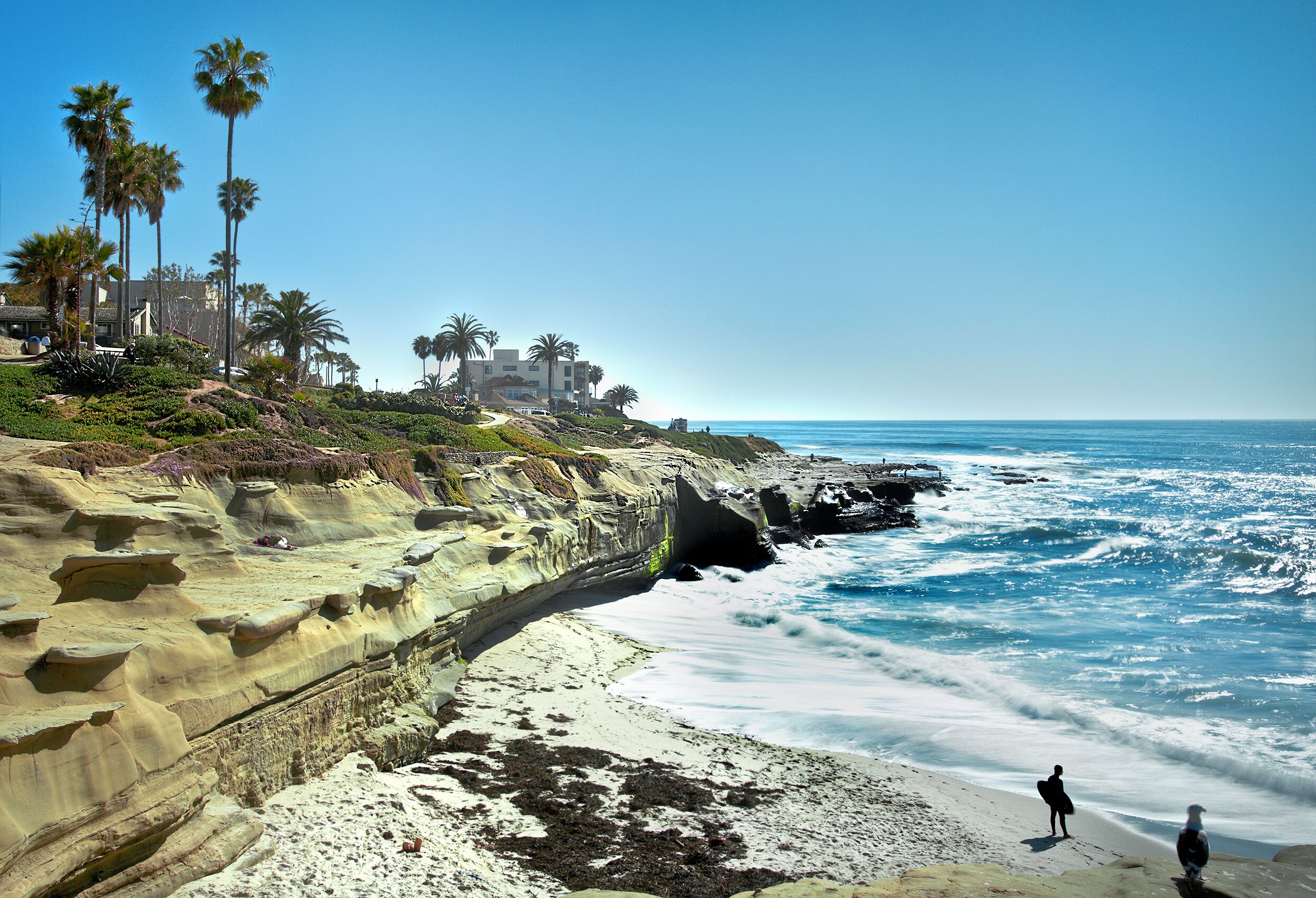 A coastal landscape with a sandy beach, rocky cliffs, and palm trees.