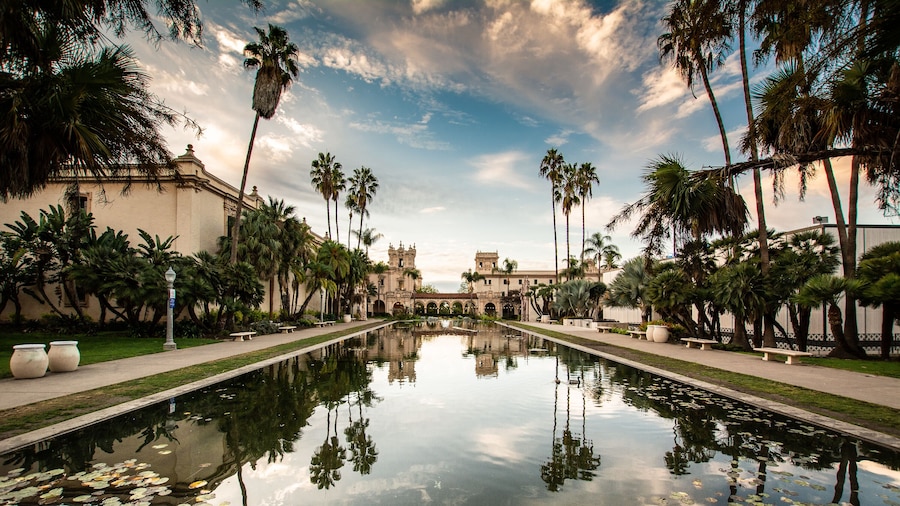 Casa de Balboa, palm trees, and sky reflected in the lily pond at balboa park, san diego, california