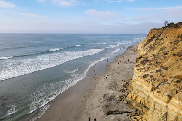 Dog Beach off-leash on Del Mar North Beach, people walking their dogs. San Diego County, California, USA. November 20, 2020