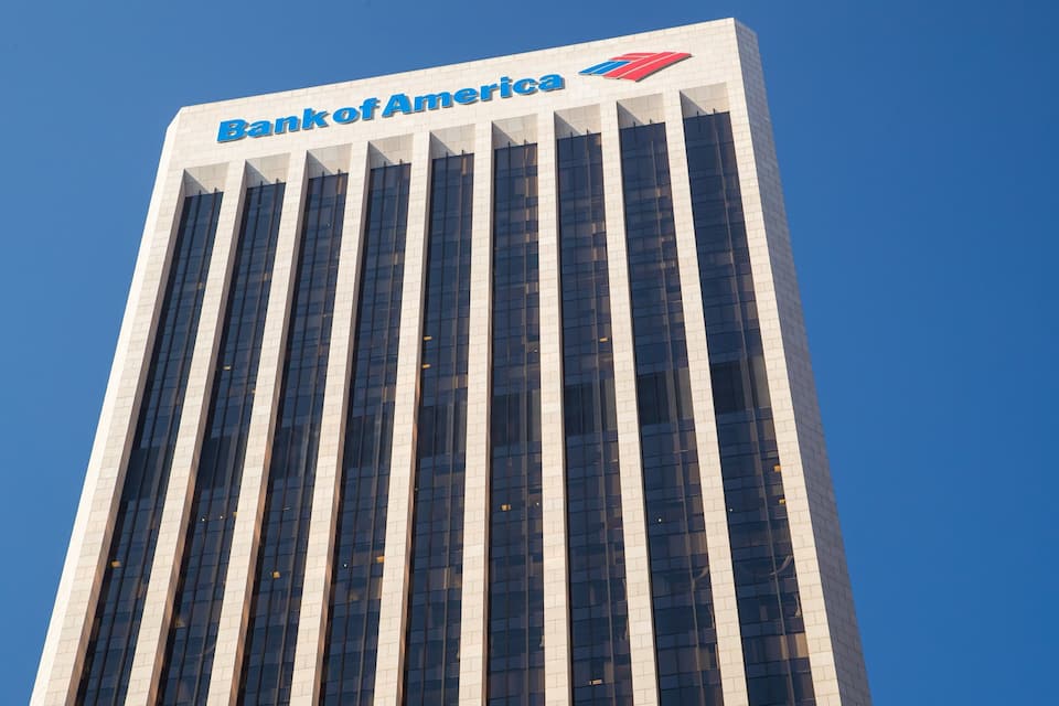 A tall building with the Bank of America logo and name at the top.