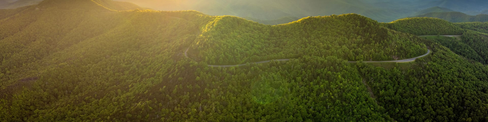 A mountainous landscape with a winding road and dense forest.
