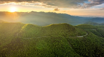 A mountainous landscape with a winding road and dense forest.