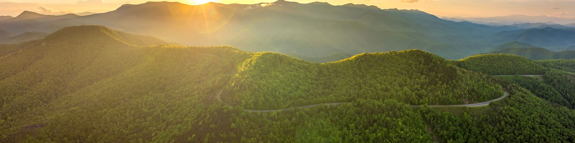 Un paisaje montañoso con un camino sinuoso y un bosque denso.